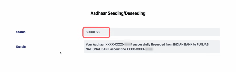 Aadhaar card seeding result 