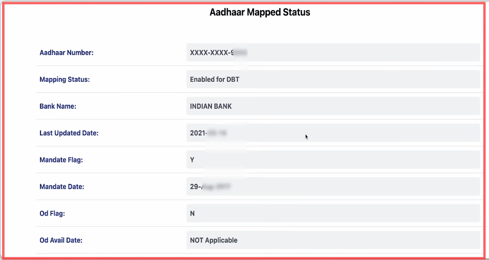 Aadhaar mapped status result 